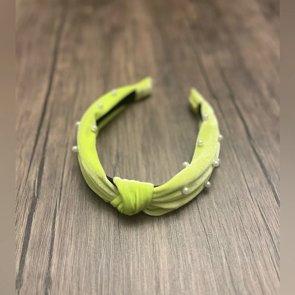 BP Florescent Yellow/Green Knotted Headband with Pearl Accents